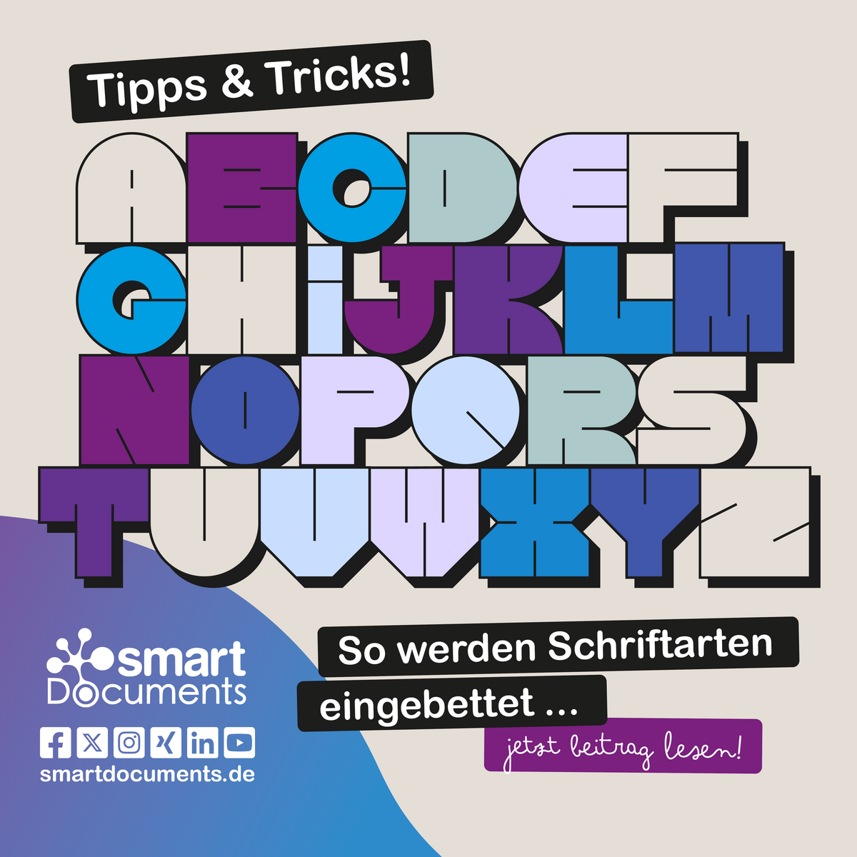 Vektorgrafik: Alphabet in einer grafischen Schrift. Text: Tipps & Tricks: So werden Schriftarten eingebettet!