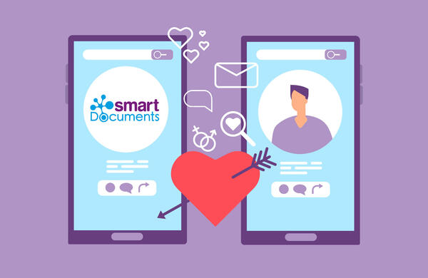Vektorgrafik: Zwei Smartphones, mit Datingapp, Auf der einen Seite SmartDocuments auf der anderen Seite eine Person. Dazwischen ein Herz mit Pfeil.