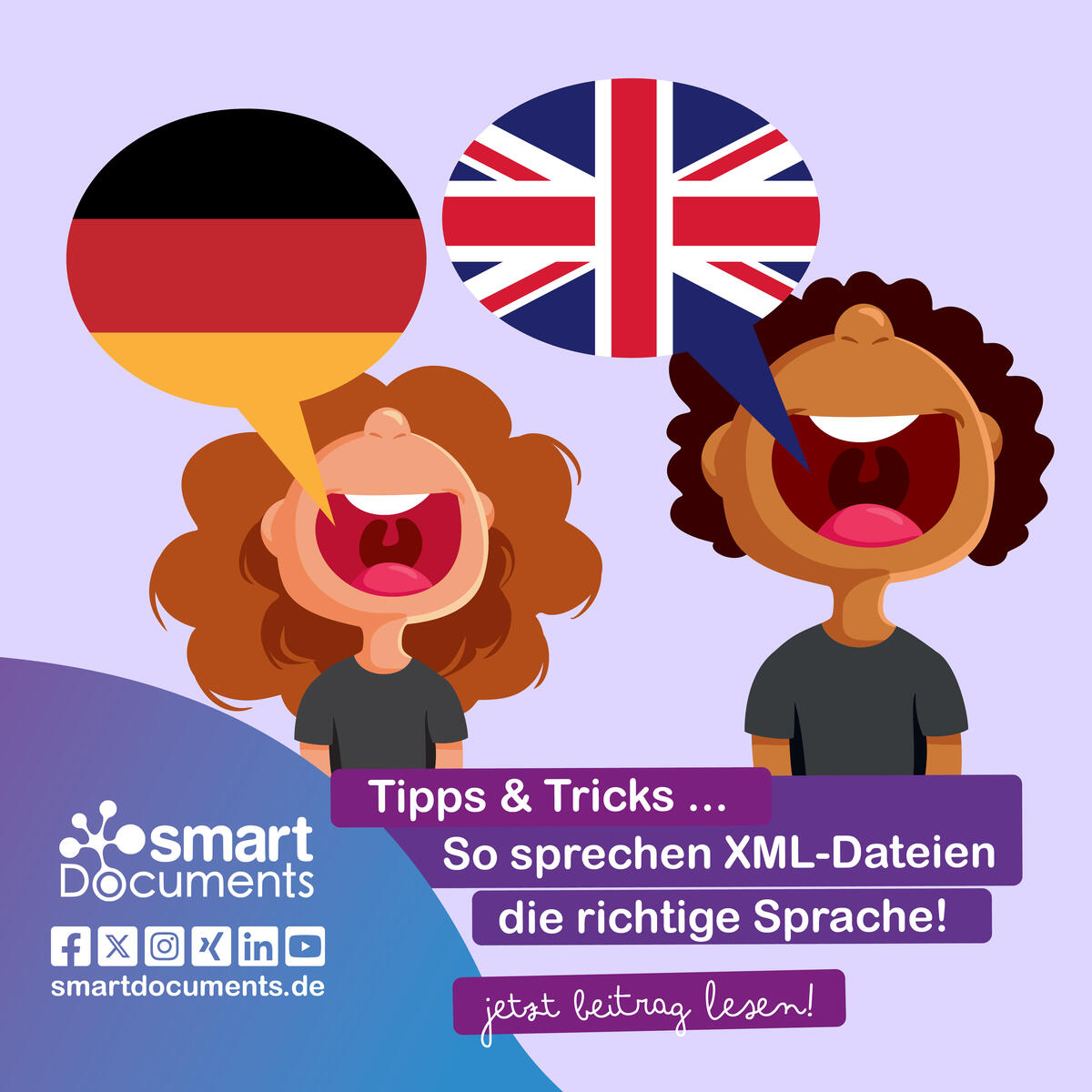 Vektorgrafik: Mädchen spricht deutsch, Junge spricht Englisch mit Text "Tipps & Tricks: So sprechen XML-Dateien die richtige Sprache!"