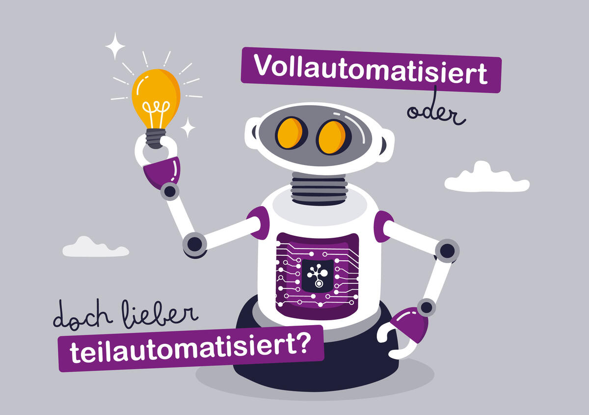 Vektorgrafik: Roboter mit Text Vollautomatisiert oder doch lieber teilautomatisiert?