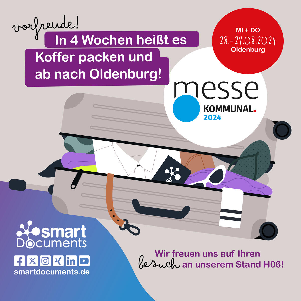 Vektorgrafik: Koffer mit Text: In 4 Wochen heißt es Koffer packen und ab nach Oldenburg! Wir freuen uns auf Ihren Besuch an unserem Stand. messe KOMMUNAL 2024, 28.+29.08.2024 in Oldenburg