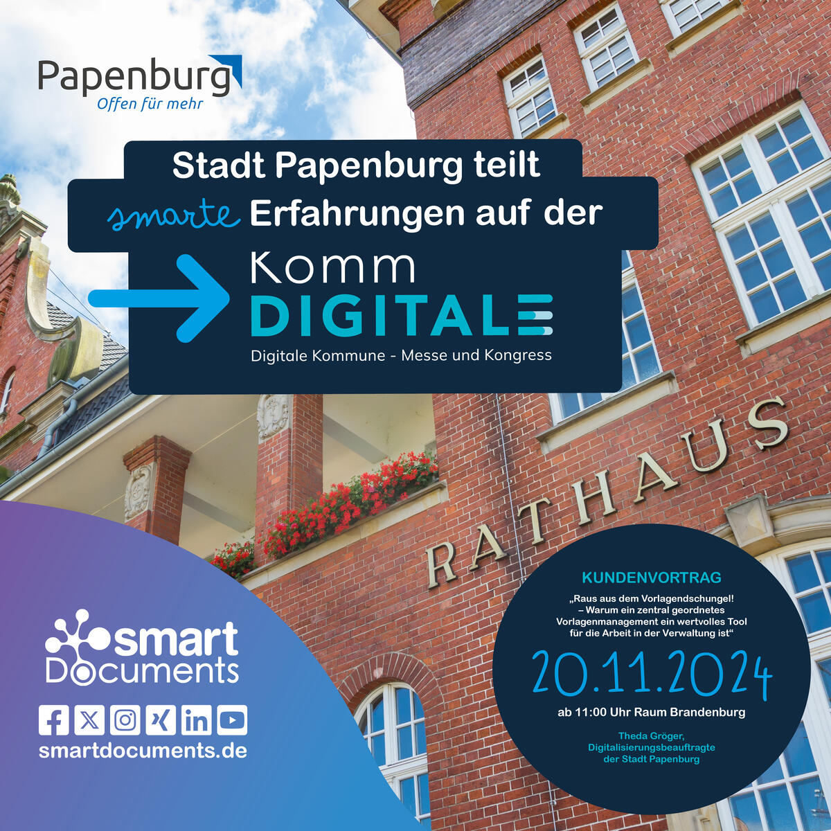 Rathaus & Logo der Stadt Papenburg mit Text "Stadt Papenburg teilt smarte Erfahrungen auf der KommDIGITALE in Bielefeld!"