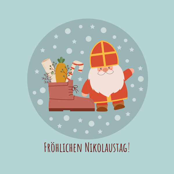 Vektorgrafik Nikolaus mit gefülltem Stiefel und dem Text "Fröhlichen Nikolaustag!"