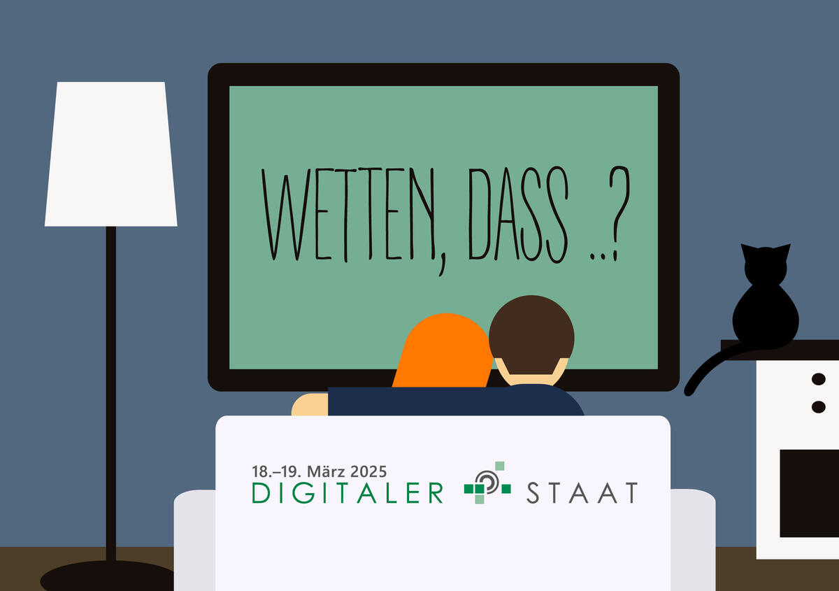 Vektorgrafik: Wohnzimmer mit Fernseher auf dem Text "Wetten, dass?" steht und das Logo des Events Digitaler Staat